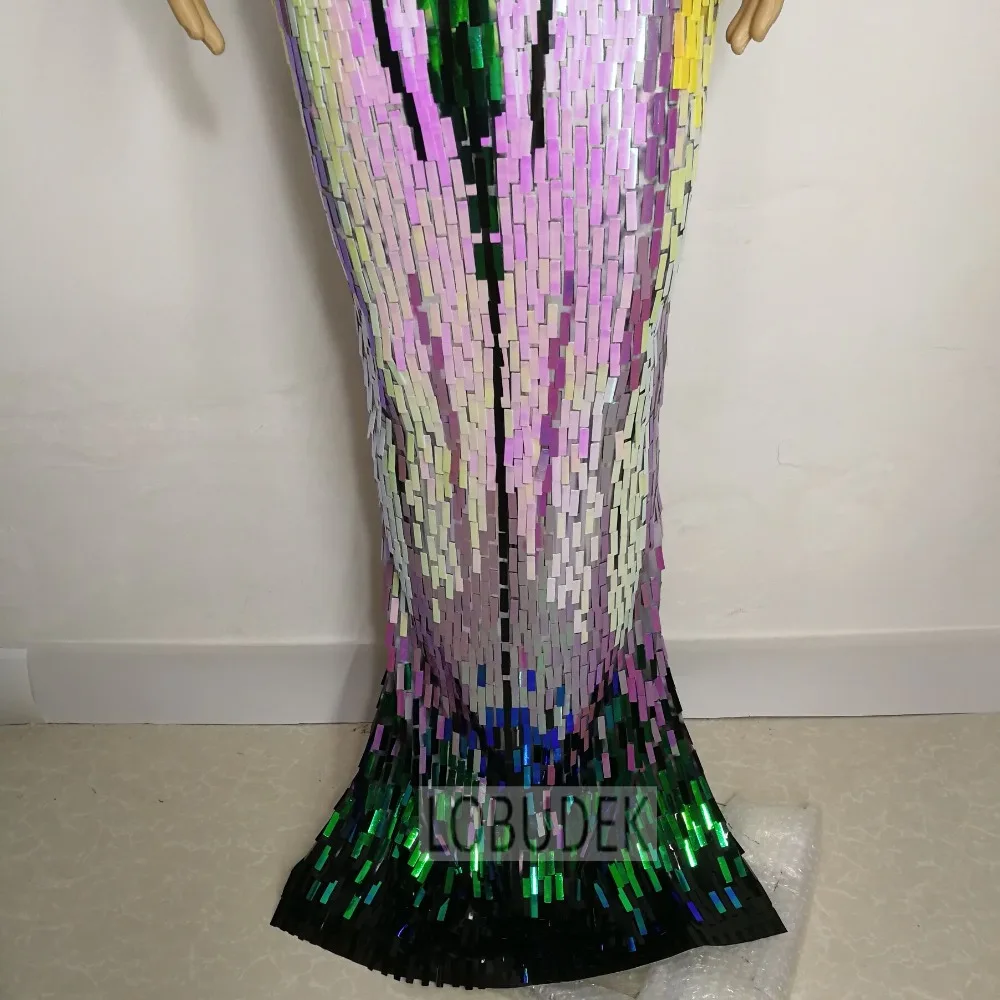 Colorful Sequins Bodycon Maxi Dress Sleeveless Stretch Women Sexy Stage Nightclub Bar Performance Costume Club Party Long Dress