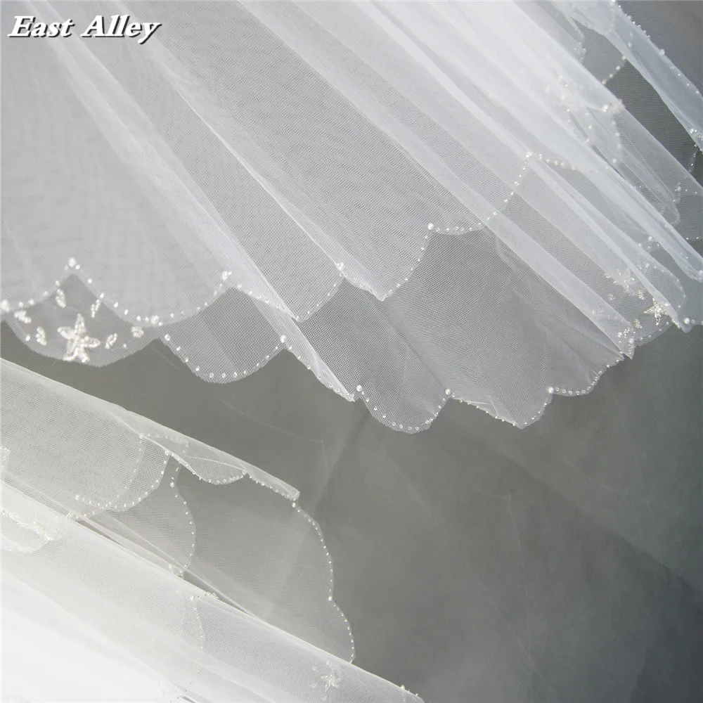 New Style White Bead Edge 2 Tier Fingertip Bridal Veil Beaded Wedding Veil with Pentagram