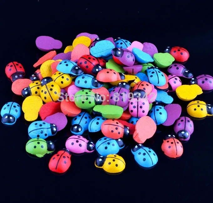 Free Shipping 200pcs/lot 13x9mm Mix Color Painted Ladybug Wood Cabochon Beads Craft Ornament Scrapbooking