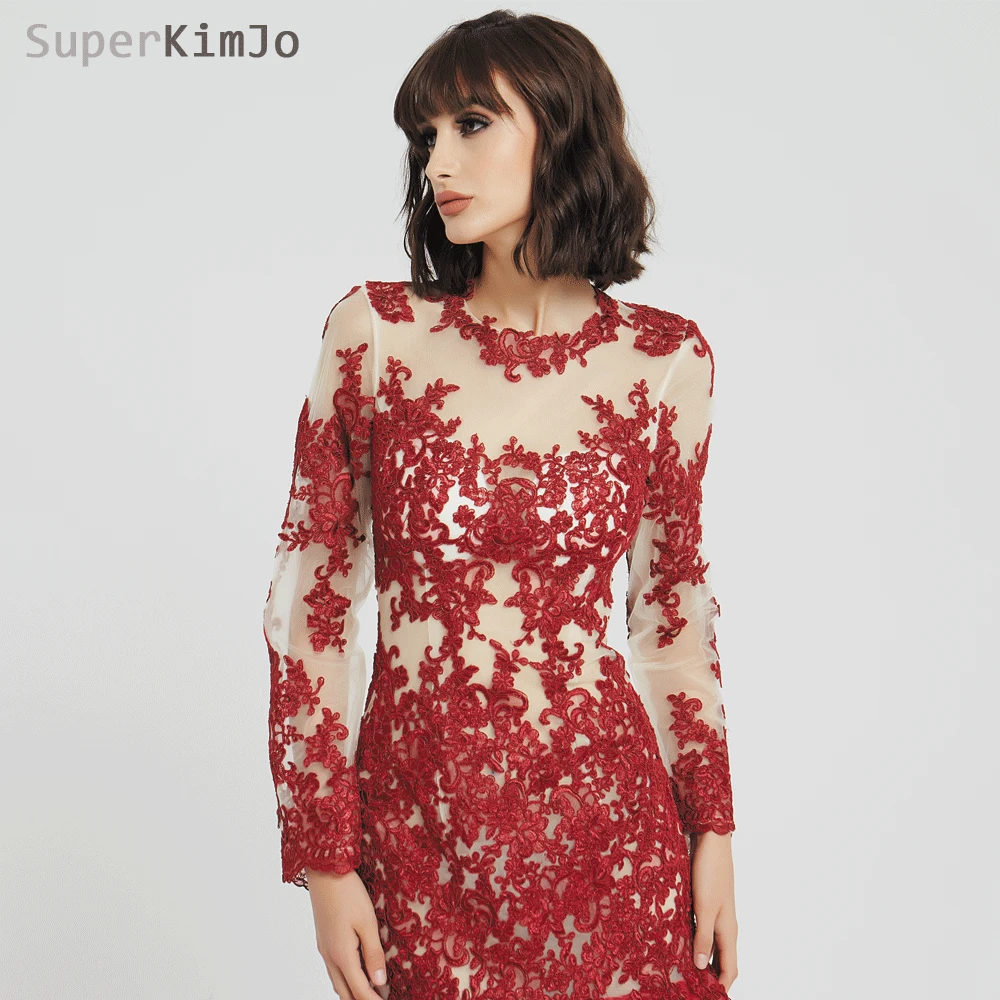 SuperKimJo 2019 New Arrival Formal Dress Long Sleeve Lace Applique Evening Dresses Elegant Tiered Burgundy Evening Gown