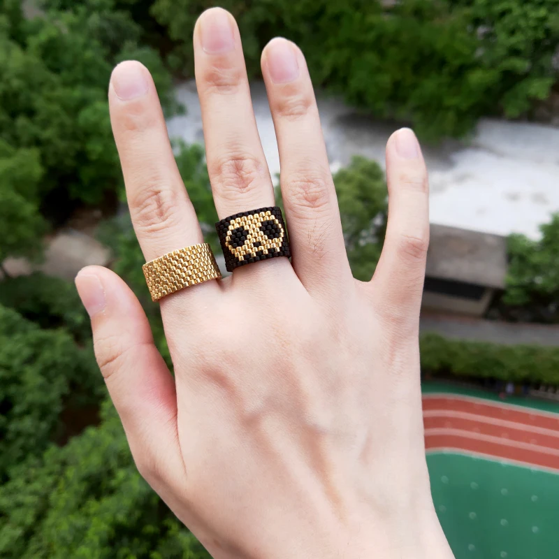 Fairywoo Boho Beach Ethnic Skeleton King Woven Ring Set Woman Man Golden Miyuki Beaded Handmade Friendship Ring For Jewelry Gift