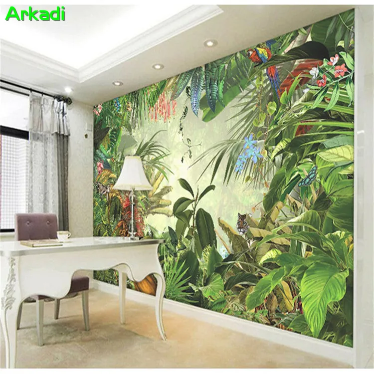 Southeast Asian style wallpaper rainforest banana leaf green forest hotel restaurant living room background wall paper