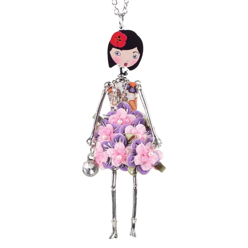 Bonsny doll Necklace Dress Trendy Long Chain 2017 New Acrylic Alloy For Girl Women Red Flower Figure Fashion Jewelry Accessories