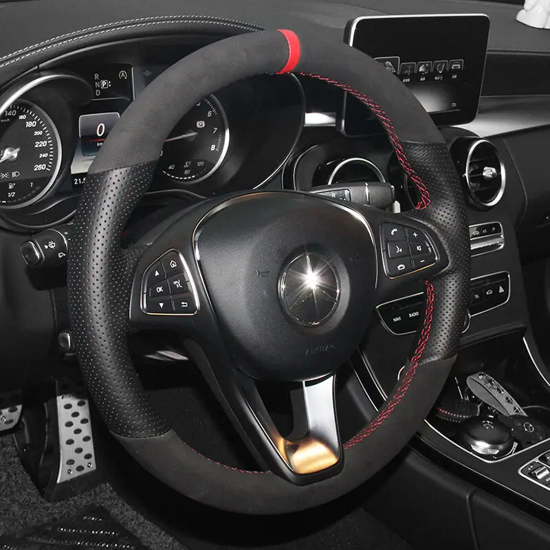 Black Genuine Leather Black Suede Red Marker Hand-stitched Car Steering Wheel Cover for Mercedes-Benz C180 C200 W205 C300 B200