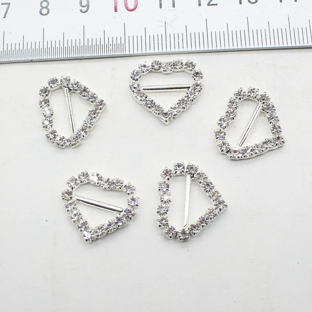 ZMASEY Metal Buckles 10pcs/lot 17mm Heart Rhinestone Buckle Slider Wedding Decor Card Invitation Sewing Ribbon Shoes Accessories