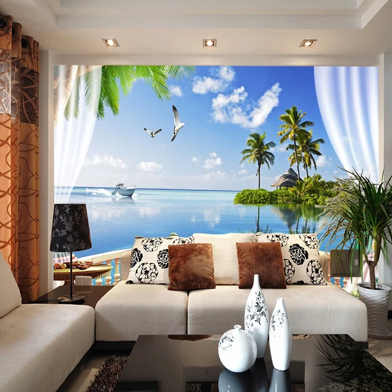 

Custom Mural Wallpaper Modern 3D Balcony Coconut Tree Sea View Photo Wall Painting Living Room Dining Room Home Decor 3D Sticker