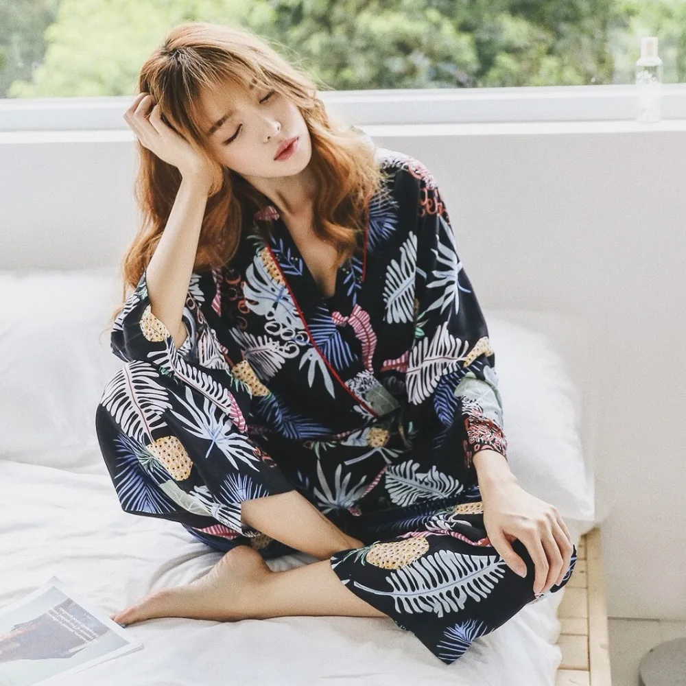 Pyjamas Sets Woman Full Elegant Home Wear Sleep Clothing Female Pajamas Suit Autumn crane Animal Print Japanese kimono straps