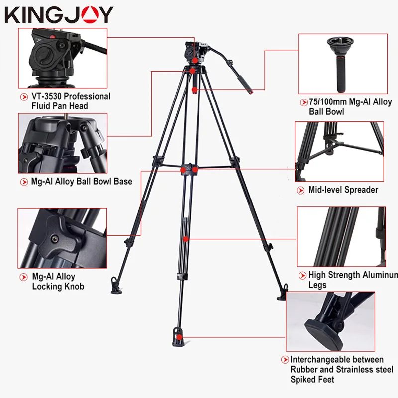 KINGJOY Professional 2.1M Camcorder Tripod Stand Heavy Duty Video Camera Tripe Holder Fluid Head Kit For Canon Nikon Sony DSLRs