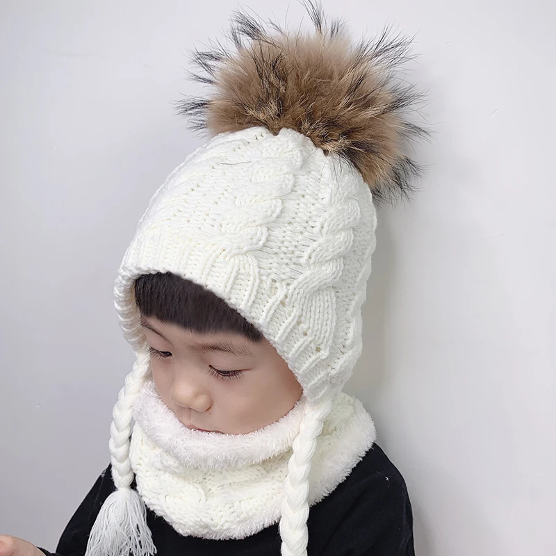 Fur Pompom Beanie Kids Baby Winter Hat Fleece Inside Ear Protection Crochet Cap Warm Knitted Hat And Scarf Set For Children