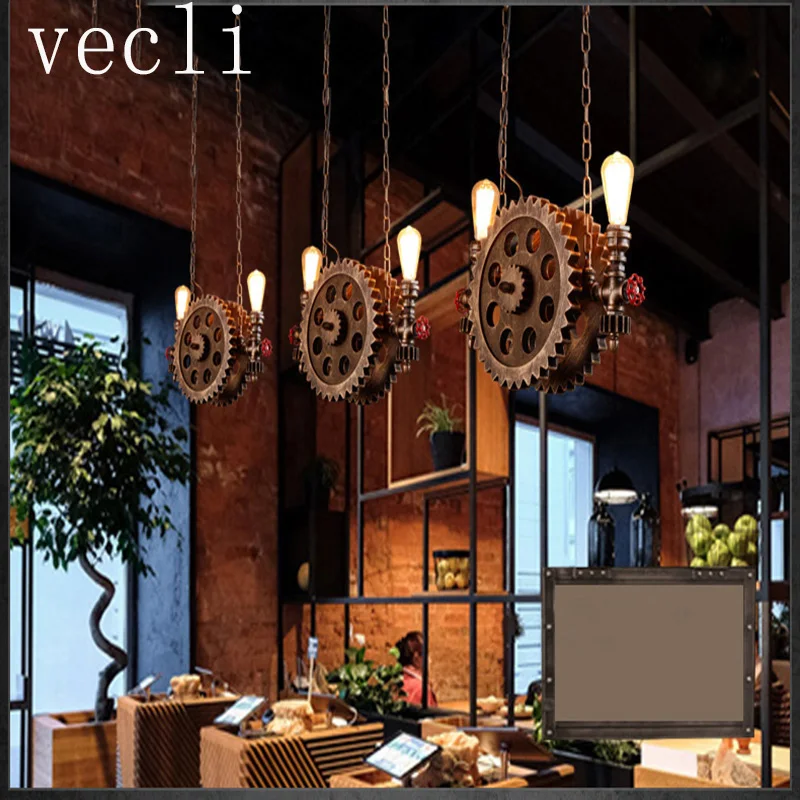 Vintage Loft Pendant Lamps Gear Clain Lights Water Pipe Arm Bar Restaurant Industry Wind Cafe Living Room Dining Room Stair Lamp