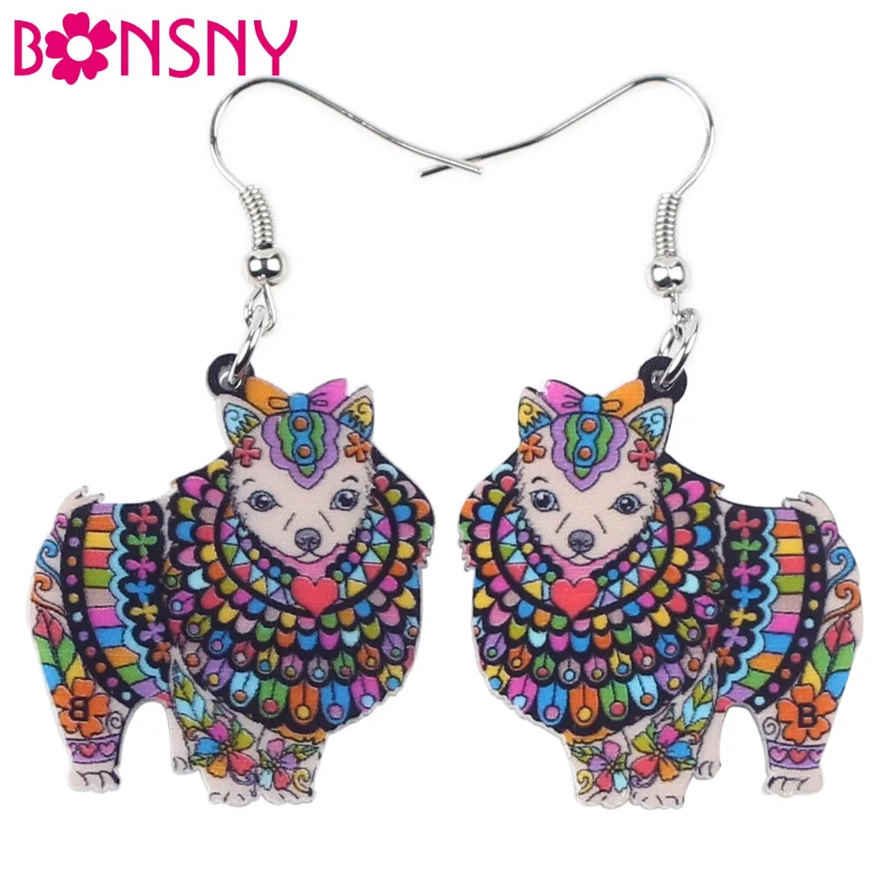 Bonsny Acrylic Floral Happy Pomeranian Dog Earrings Drop Dangle New Fashion Animal Jewelry For Women Girls Teens Pet Lovers Gift