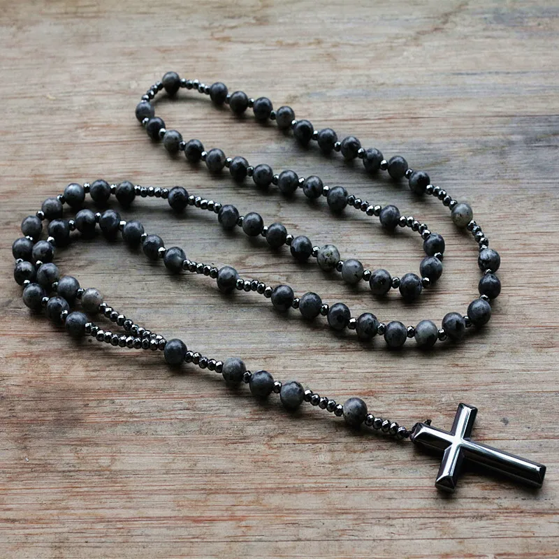 6mm Lapis Lazuli Stone Bead Hematite Cross Pendant For Men Women Catholic Christ Rosary Cross Pendant Necklace  Dropshipping