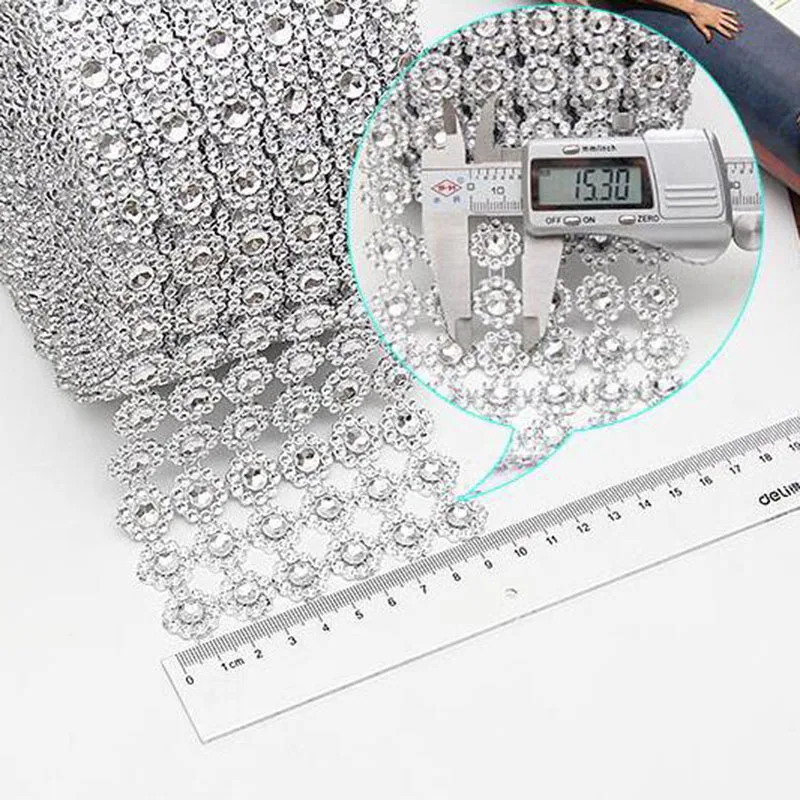 10Yards 6 Rows Sunflower Rhinestone Trim Diamond Mesh Flower Bling Crystal Applique Ribbon Wrap Trimming Wedding Cake Decoration