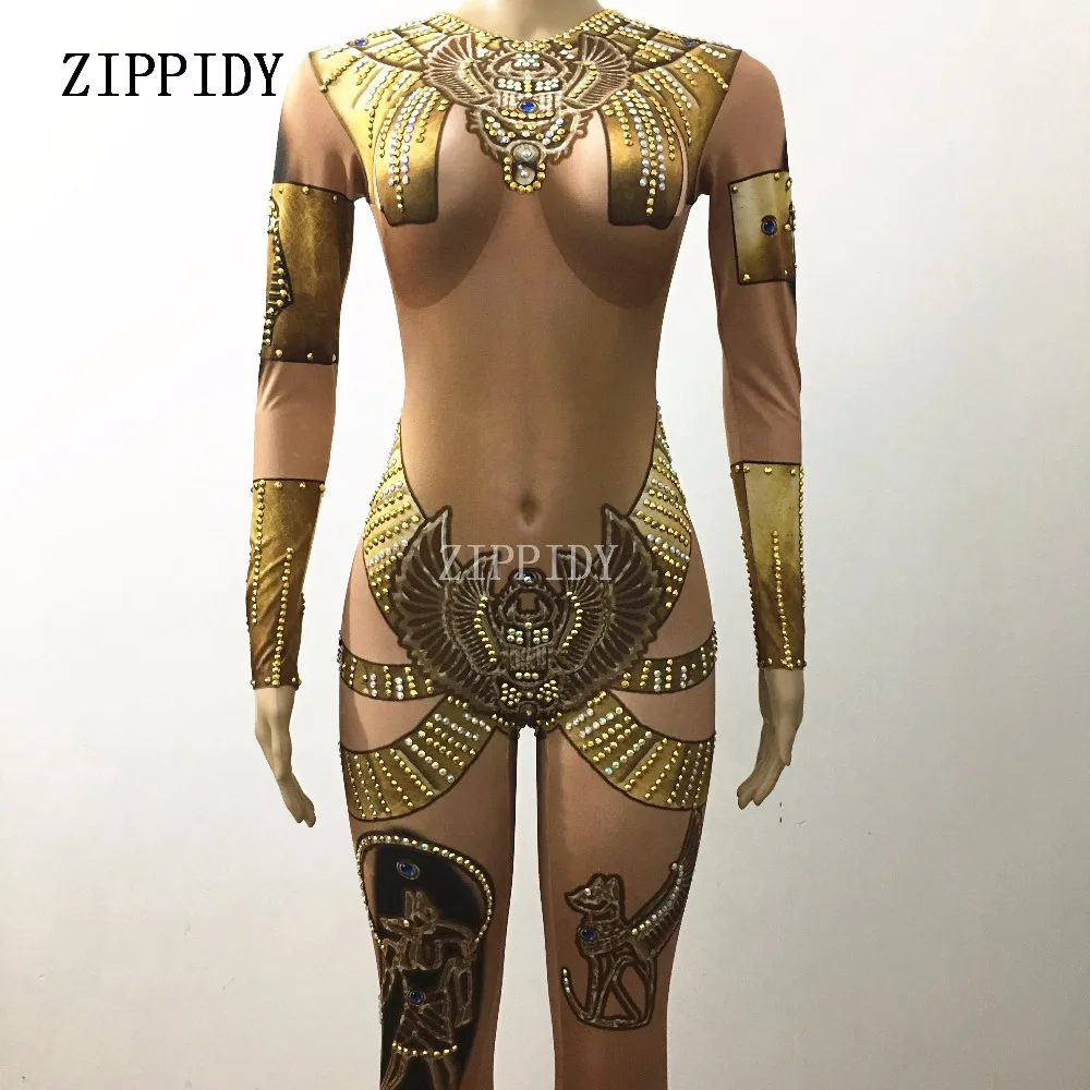 Sparkly Gold Jumpsuit ชุดเครื่องแต่งกาย Rhinestones อินเดีย Bodysuit Nightclub Stage เต้นรำแสดง Rompers ใหญ่ยืดเครื่องแต่งกาย