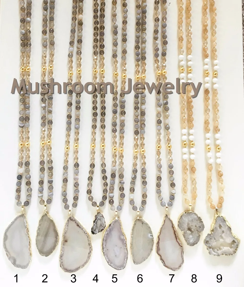 

Vintage boho Necklace Gold Ball Gray Agates Long Necklace Crystal Necklace Agates slice Pendant Boho Women Jewelry