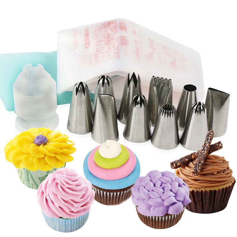 

Cake Decorating Tips 10pcs big size Stainless Steel Piping Icing Tips 1 L COUPLER 10 1 silicone pastry bag 10pcs Disposable bags