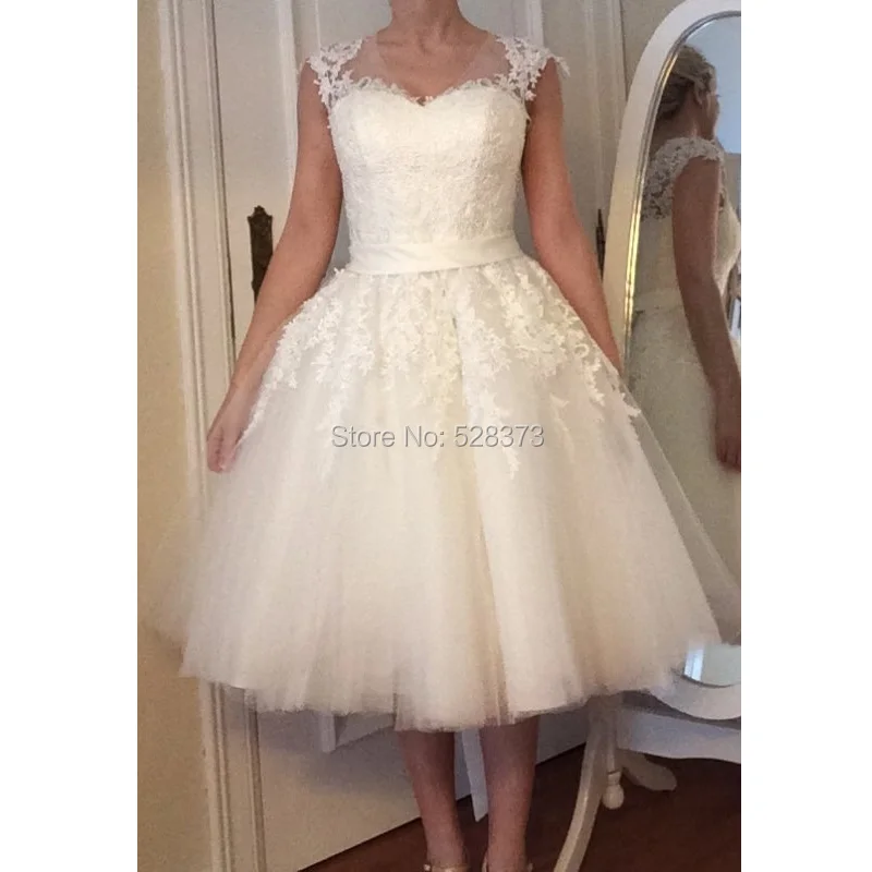 

YNQNFS W5 Real Photos V Neck 50S 60S Tea Length Lace Vintage Wedding Dress Party Dress