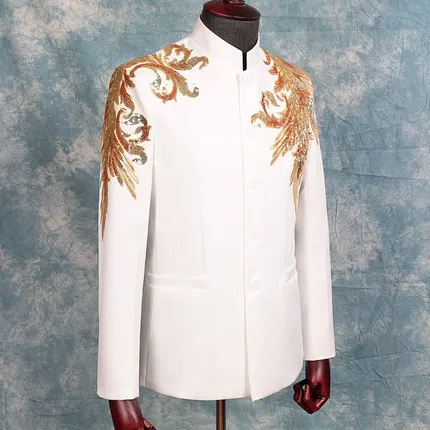 

100%real luxury mens white stand collar sequined embroidery tuxedo suit /event/stage performance/jacket with pants