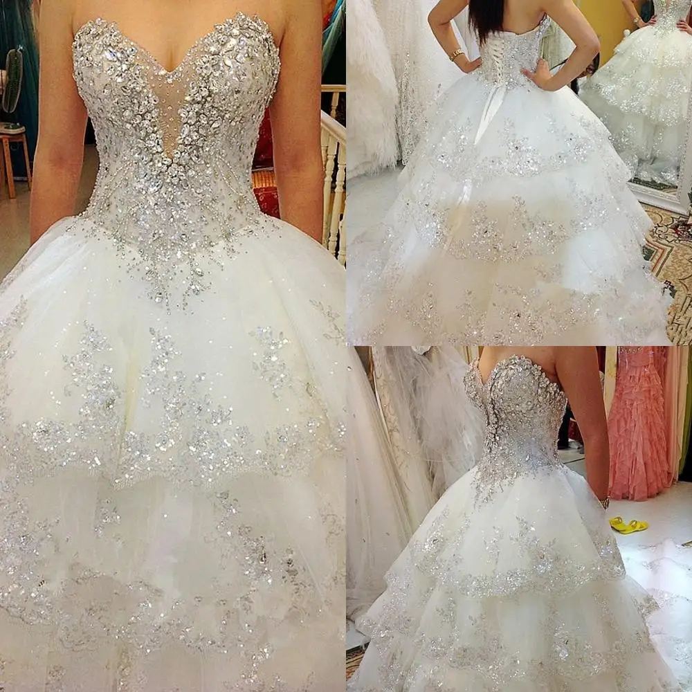 Nuevos vestidos de novia Ensotek 2019 princesa sin tirantes tul mullido encaje cristal diamante cuentas lentejuelas lujo vestidos de boda