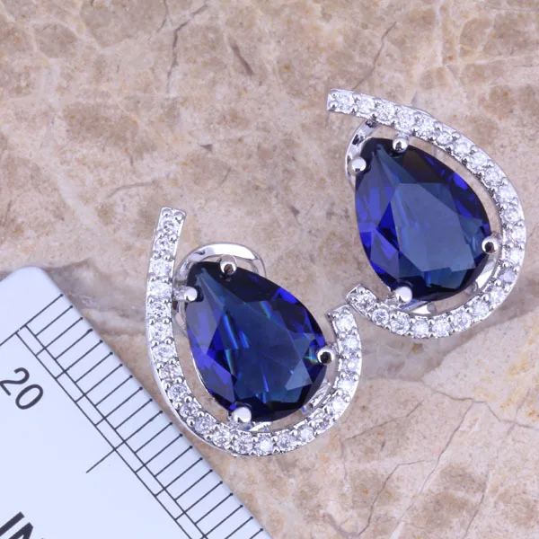 Blue Cubic Zirconia White CZ Silver Plated Jewelry Sets Earrings Pendant Ring Size 6 / 7 / 8 / 9 / 10 / 11 / 12 S0454