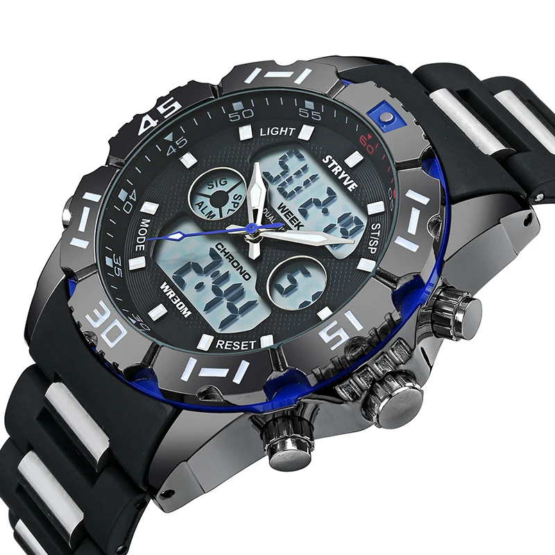 Stryve 8010 marca de luxo dupla exibição quartzo digital masculino relógio led militar dial pesado à prova dwaterproof água relógio do esporte dos homens montre homme