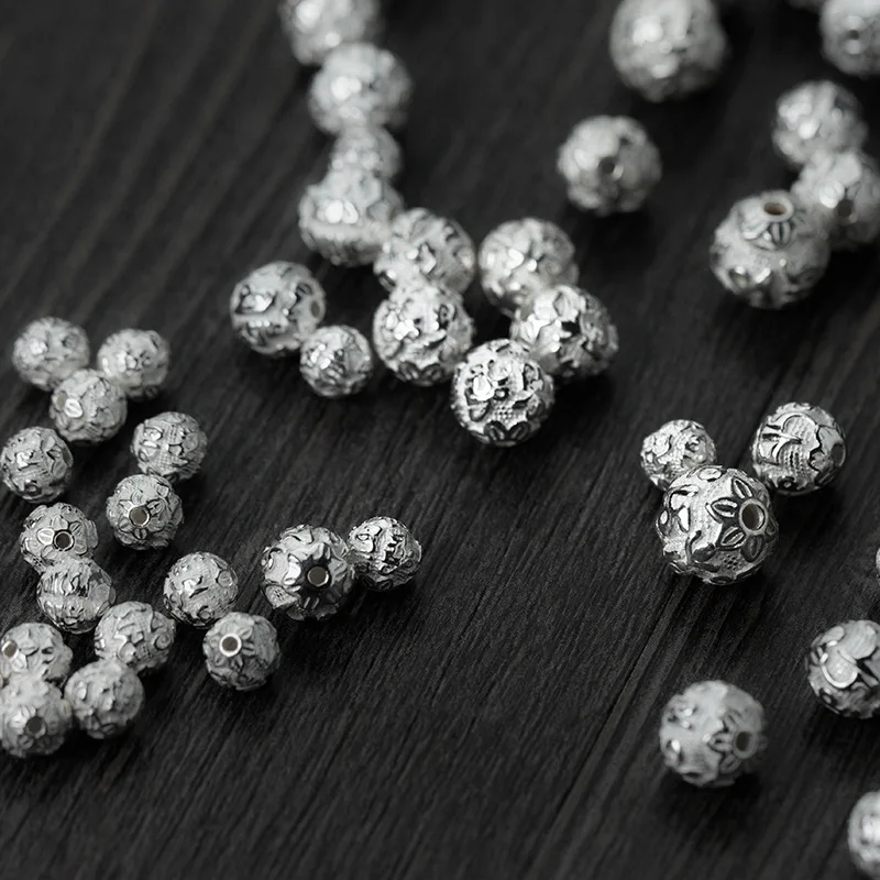 1pc 925 Sterling Silver Craft Buddhism Spacer Beads 6-14mm Round Ball Prayer Charm S925 Silver Beads DIY Jewelry Making Findings