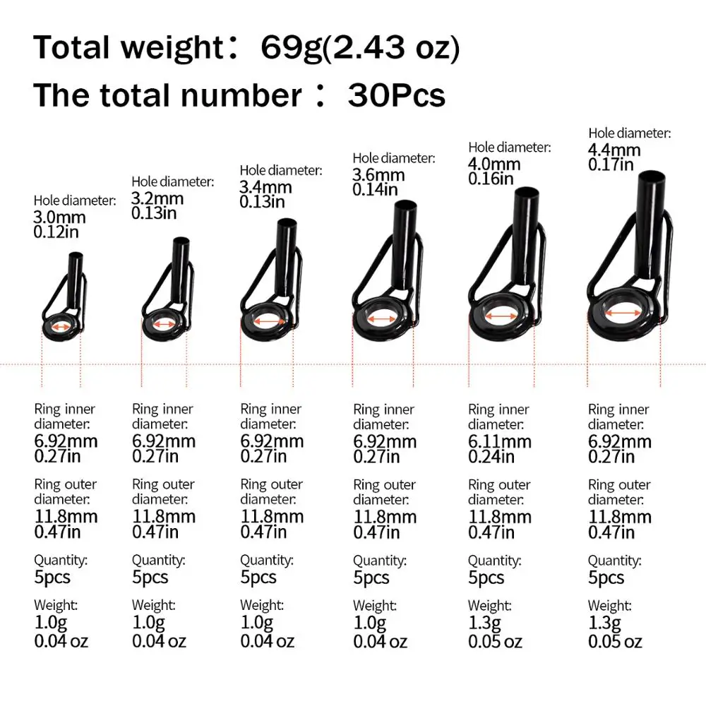 30pcs 3.0mm-4.5mm Sea Fishing Pole Rod Tip Tops Repair Kit Black Nickel Plated Ceramic Ring Spinning Casting Fising Rod Tips