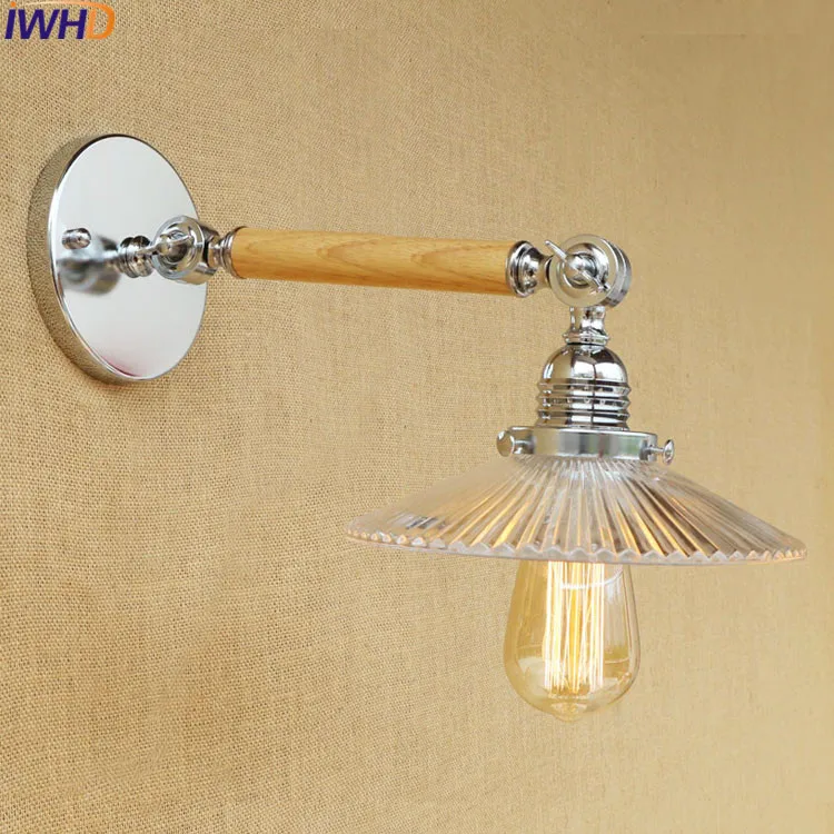 

IWHD Loft Industrial Vintage Wall Lamp Bedroom Batheoom Led Wall Light Glass Lampshade Wooden Sconce Luminaire Lampara De Pared