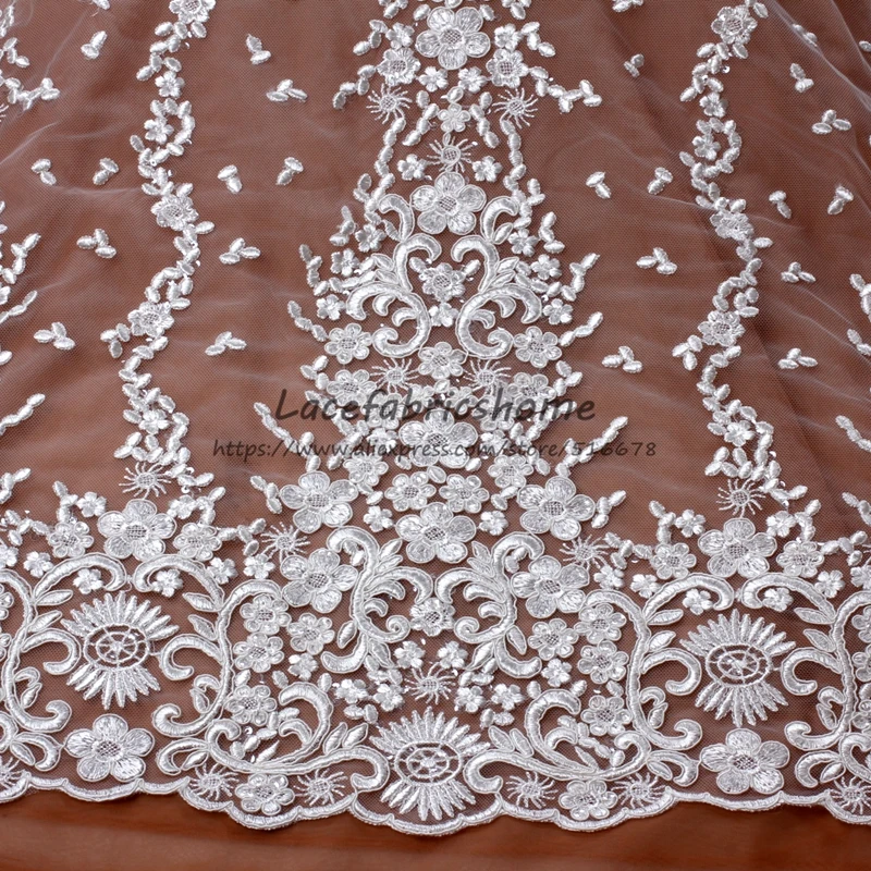 

New Off white good quality with sparkling sequins embroidery lace fabric wedding dress/evening dress lace fabric 130cm by yard