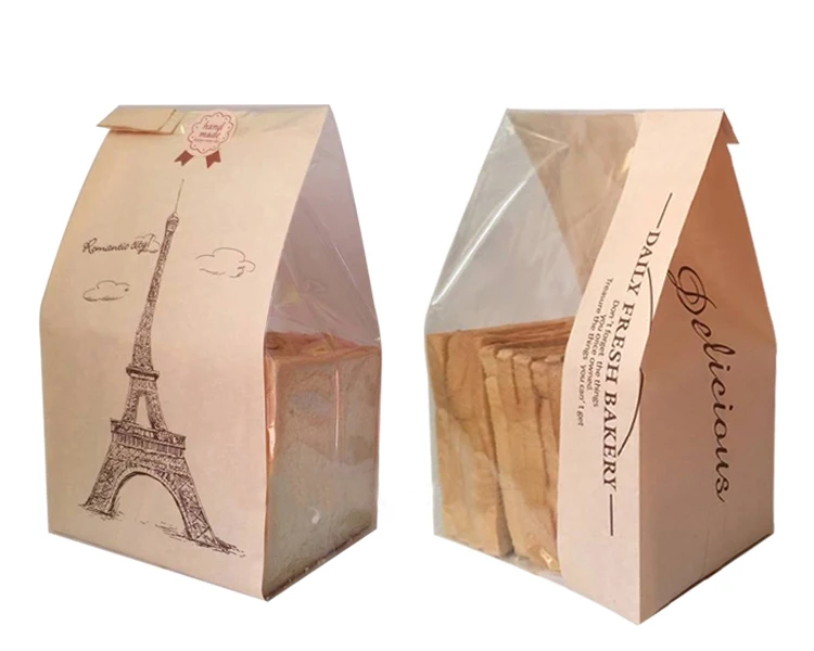 20 pcs 33x16x11cm kraft bag window Baking Packaging Toast cookies Food bread paper bags Printed Package Bakery Iron tower