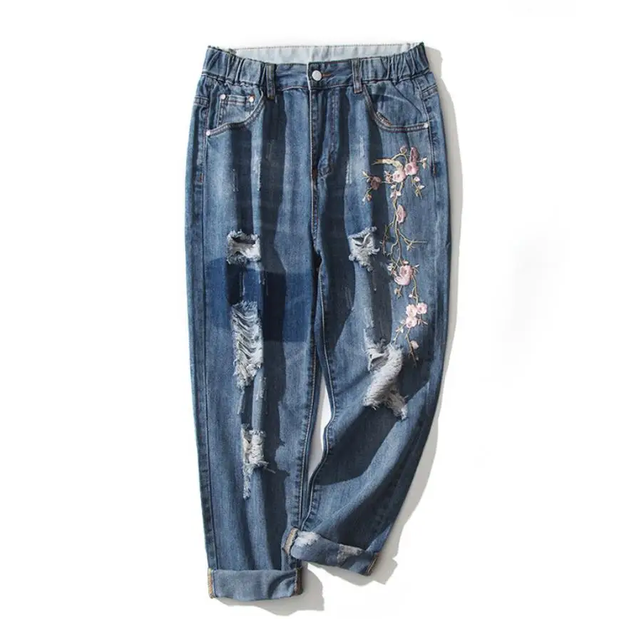 

can fit 90kg girls fashion jeans female 100% cotton hand made hole with flowers embroidery wide leg jeans wq1071 dropshipping