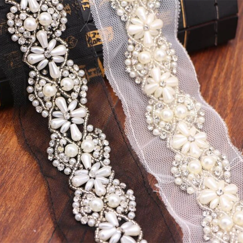 Pearl Beaded Lace Trim 2 Yard For Costume Wedding Dress Belt Brial Sash Jewelry Design