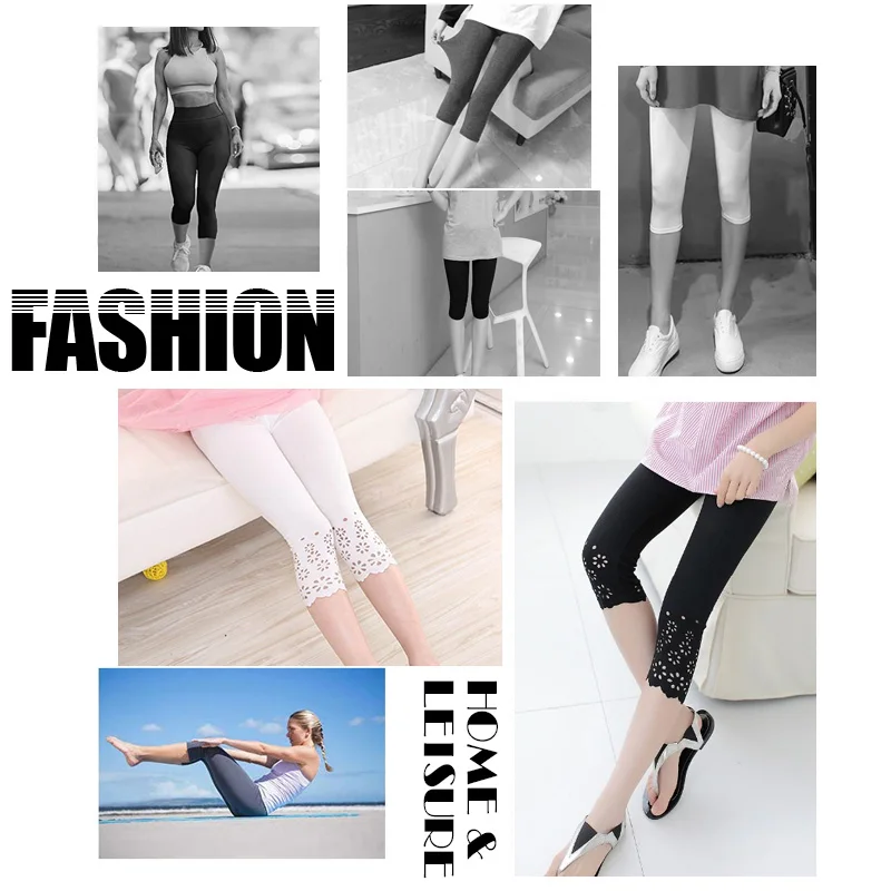 M-XXL Casual women leggings Summer Cotton Knitted Flower Solid Color Midi Leggins Work Out Girls Leggings Stretched Pants