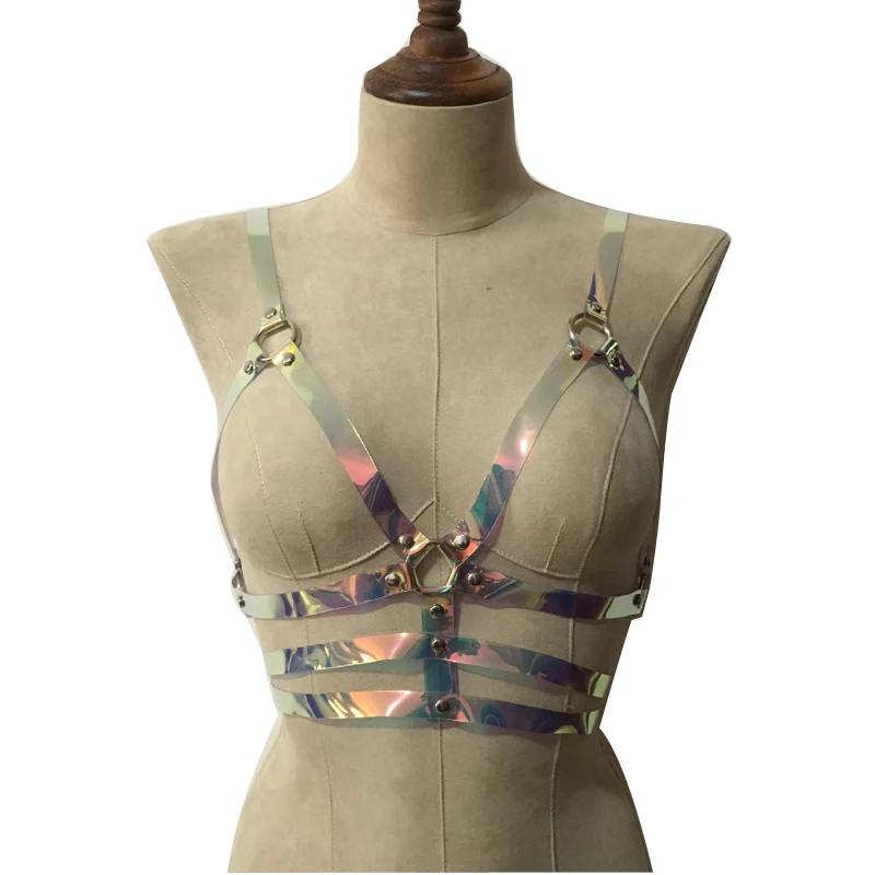 

Sexy Punk Unisex Holographic Vinyl PVC Body Harness Hologram Rainbow Bonage Top Bra Caged Belt Waist Straps for women