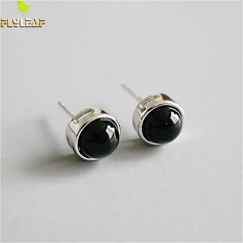 

Flyleaf 925 Sterling Silver Round Black Onyx Stud Earrings For Women Personality Simple Earings Fashion Jewelry High Quality