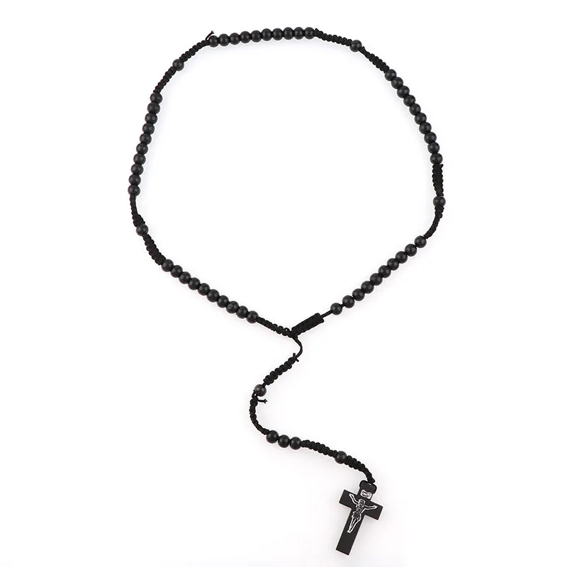 8mm Catholic Black Wooden Rosary Beads Orthodox Cross Wood Woven Rope Necklace Of Religious Jewelry Men Women