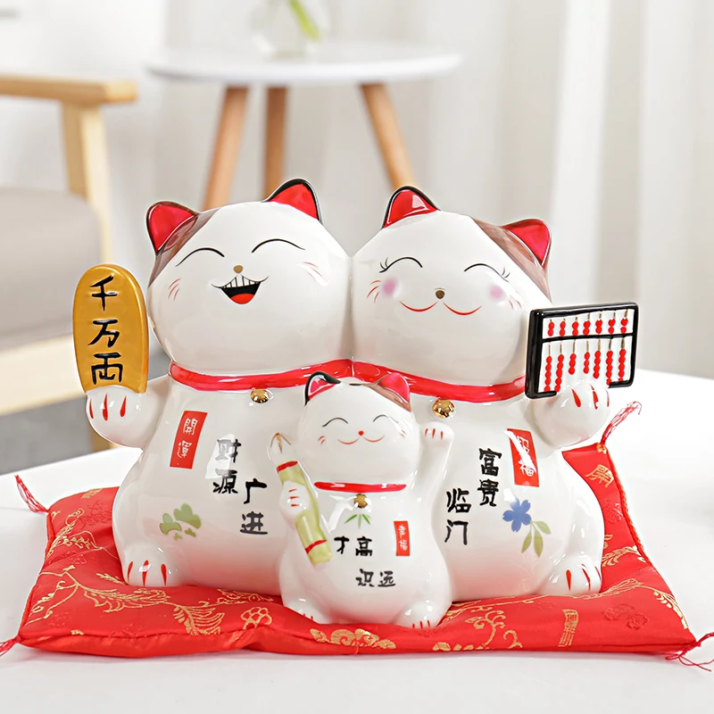 

8 inch Maneki Neko Ceramic Lucky Cat Money Box Family Portrait Fortune Cat Porcelain Statue Piggy Bank