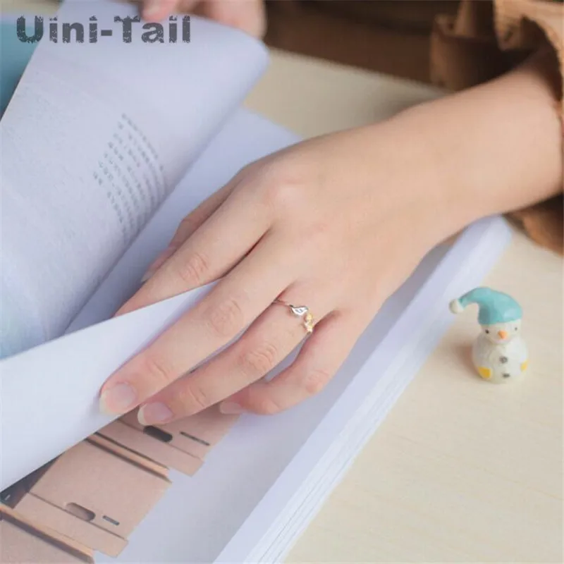 Uini-Tail hot 925 Tibetan silver forest sweet golden flowers leaves cute birds open ring fashion tide flow high quality GN311