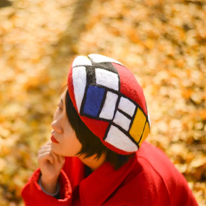 Faramita Holiday Mondrian Autumn Geometric Graphics Colorful Women Hand Made Beret Originality Rock Decoration Girls Hat Cap