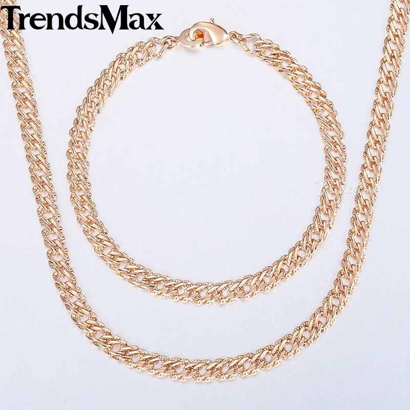 Womens Jewelry Set 585 Rose Gold Color Bracelet Necklace Set Hammered Venitian Chain Wholesale Dropshipping Jewelry  5.5mm KCS03