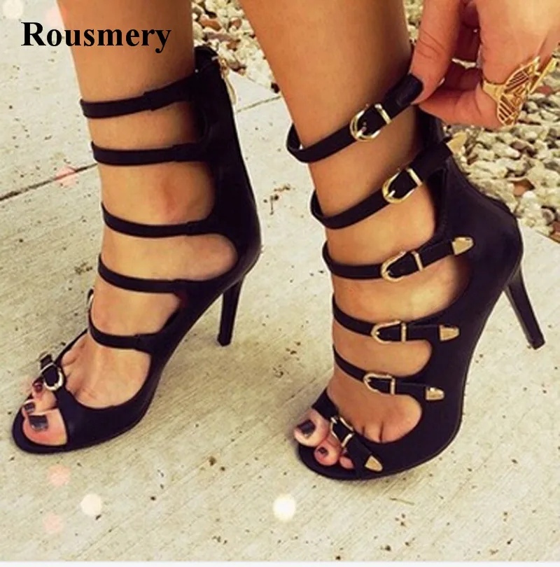 

New Design Women Fashion Open Toe Black Leather Buckle Design Gladiator Sandals Cut-out High Heel Sandals Dress Shoes