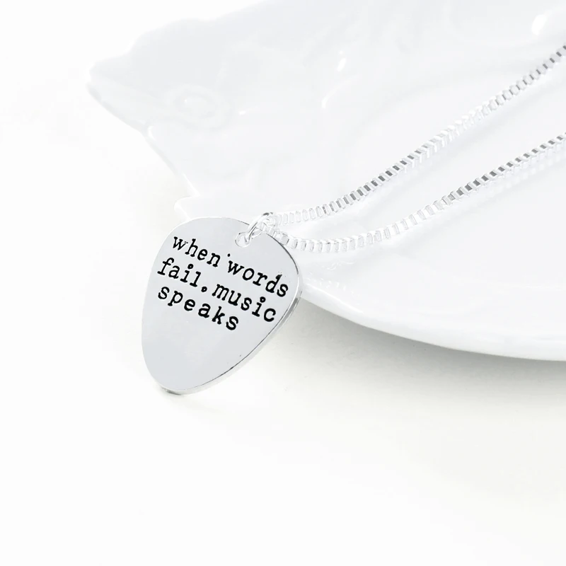 High Quality Letter Pendant Choker When  Words Fail Music Speaks Silver Necklace Guitar Pick collier femme jewelry collier anime