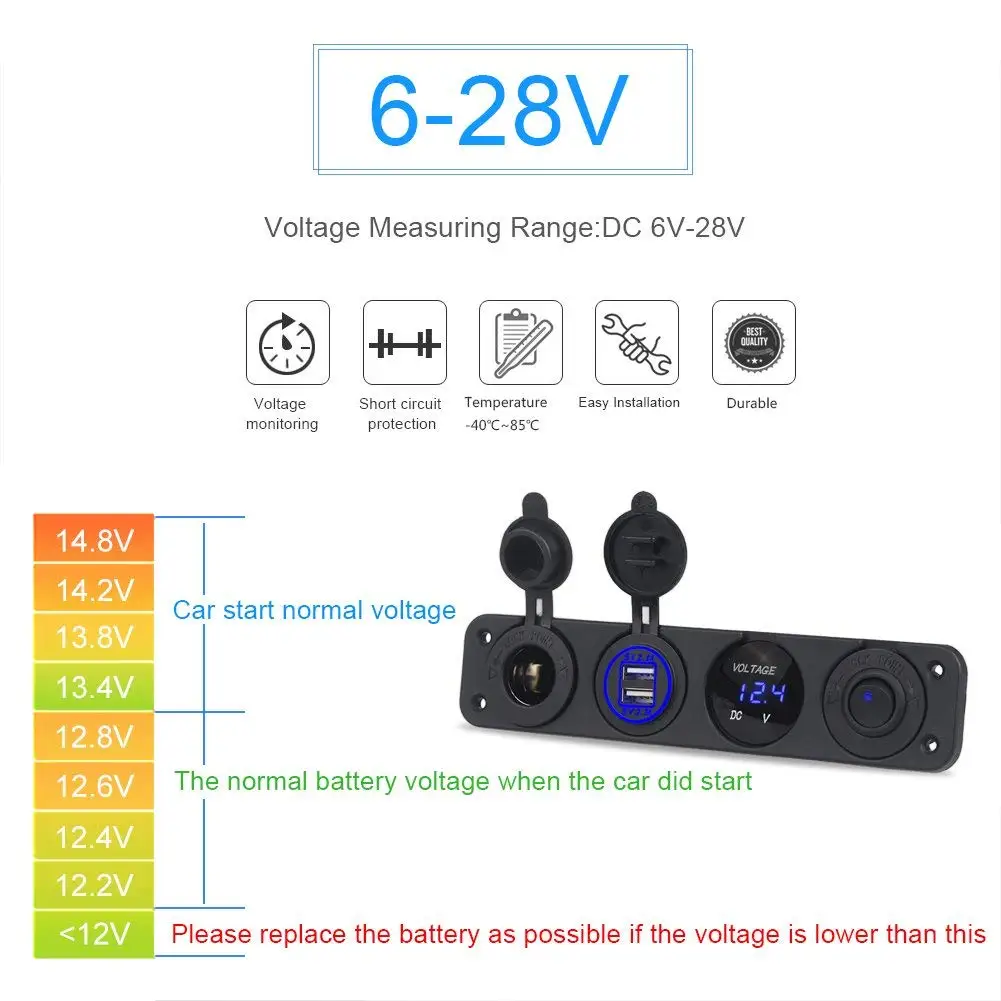 DIY بها بنفسك 4 حفرة لوحة 4.2A شاحن Usb مزدوج ولاعة السجائر التبديل الفولتميتر 60 سنتيمتر كابل لسيارة مركب مقطورة المركبات شاحنة يخت