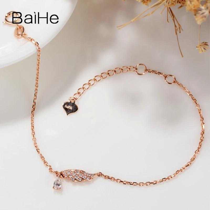 BAIHE Solid 18K Rose Gold 0.15ct H/SI Natural Diamond Feather Bracelet Women Wedding Gift Trendy Fine Jewelry браслеты браслет