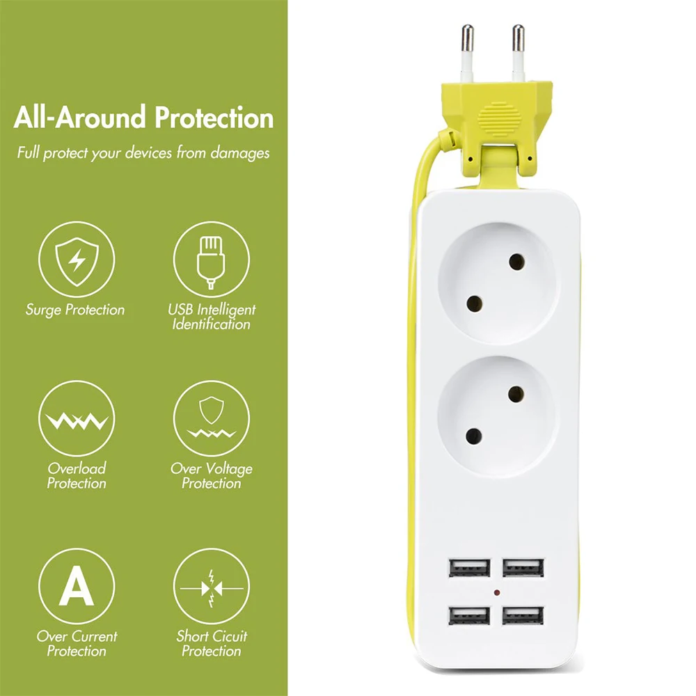 4.0/4.8 EU KC Plug Socket KR Plug Power Strip Portable Extension Socket 2AC With 4 USB Wall Charger Outlet Travel Desktop Socket