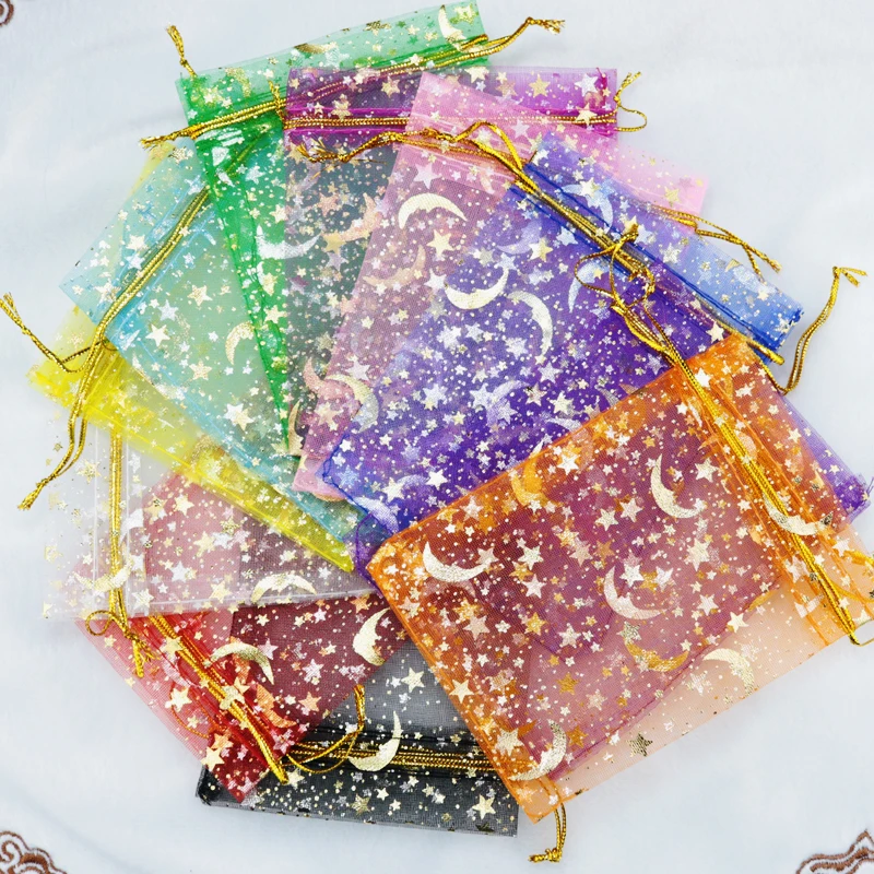 Imagem -03 - Estrelas da Lua Peças Lote Organza Bolsa 7x9cm 9x12cm Pequeno Bolsa de Doces de Casamento Presente de Natal Jóias Nozes Embalagens Bags & Pouches 1000