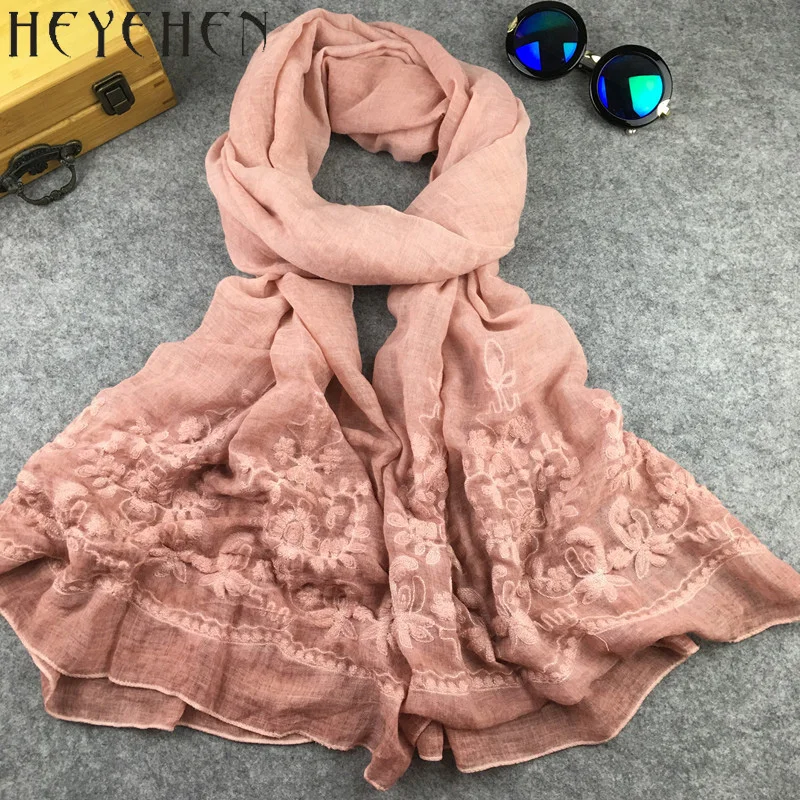 Ethnic Embroidered Style Cotton Lace Bandana Scarf Shawls for Women Winter Muslim Ladies Hijab HY07