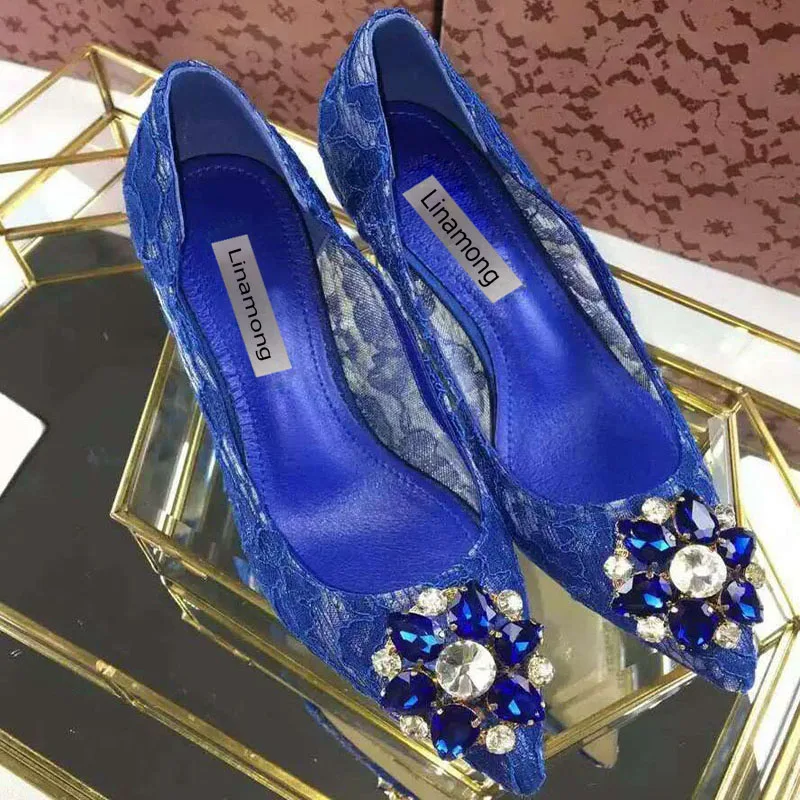 Romantic Ladies Gem Crystal Flower Buckle Lace Pumps Woman Floral Lace Bridal Shoes Sexy Pointed Toe Rhinestone Wedding Shoes