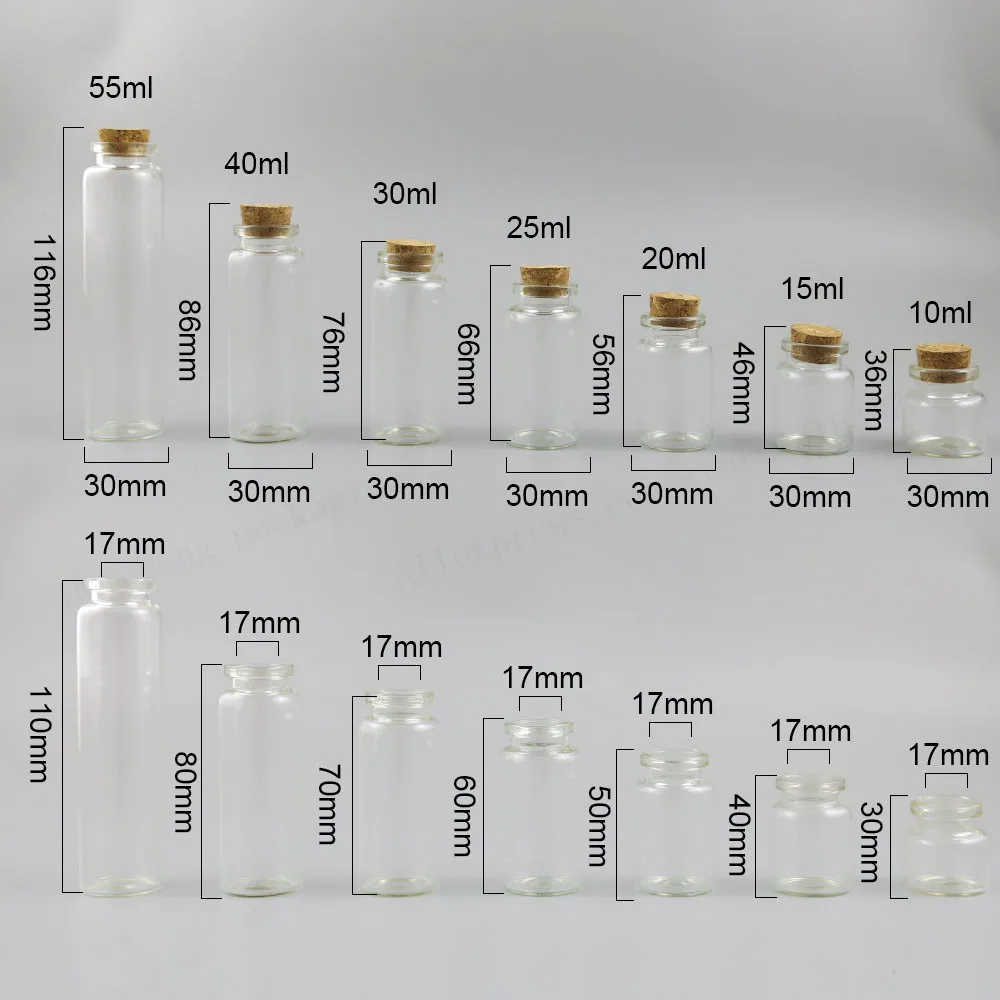 10ML 15ML 20ML 25ML30M 40ML 55ML Empty Refillable Clear Wishing Glass Bottle with Cork glass vials display Containers 500pcs