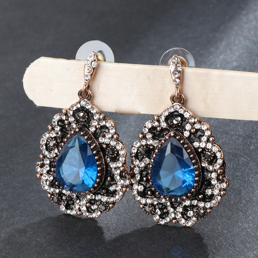 Fashion Bohemian Earrings For Women Black Enamel Crystal Blue Red Stone Drop Earings Vintage Antique Gold Wedding Jewelry